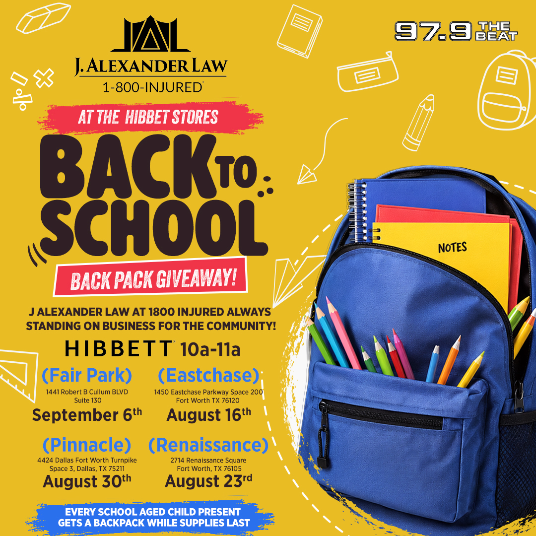 Back-to-school backpack giveaway promotion by J. Alexander Law, with details on Hibbett store locations and dates.