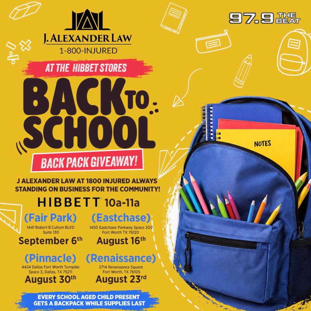 Back-to-school backpack giveaway promotion by J. Alexander Law, with details on Hibbett store locations and dates.