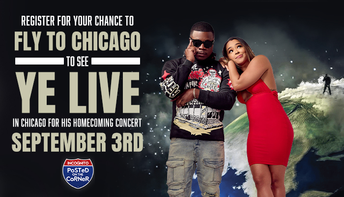 Two people, a man and a woman, posing together in front of a snowy landscape. The text reads "REGISTER FOR YOUR CHANCE TO FLY TO CHICAGO TO SEE YE LIVE IN CHICAGO FOR HIS HOMECOMING CONCERT SEPTEMBER 3RD".