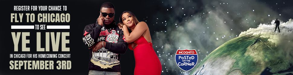 A man and woman standing together in a snowy, mountainous landscape. The text on the image reads "REGISTER FOR YOUR CHANCE TO FLY TO CHICAGO TO SEE YE LIVE IN CHICAGO FOR HIS HOMECOMING CONCERT SEPTEMBER 3RD".