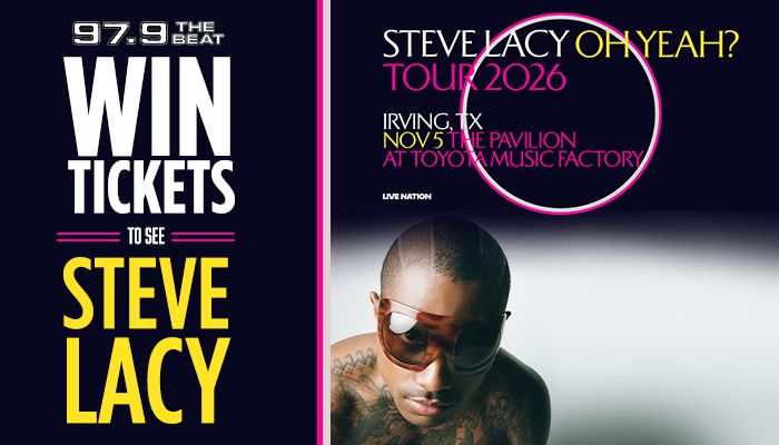 A man with sunglasses and tattoos, standing in front of a concert poster for "Steve Lacy Tour 2026" at the Irving TX Pavilion.