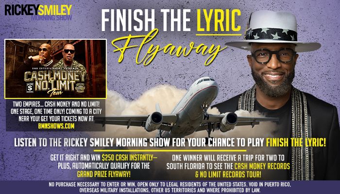 Rickey Smiley, a Black man wearing sunglasses and a hat, stands in front of a private jet. Text promotes "Finish the Lyric Flyaway" contest and Rickey Smiley Morning Show.