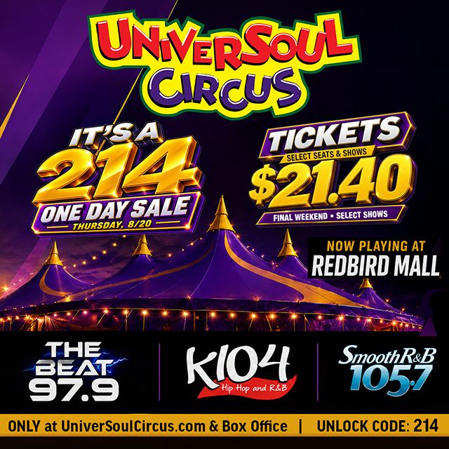 Colorful circus tent with "Universoul Circus" logo and text advertising a one-day sale and ticket prices for select shows at Redbird Mall.