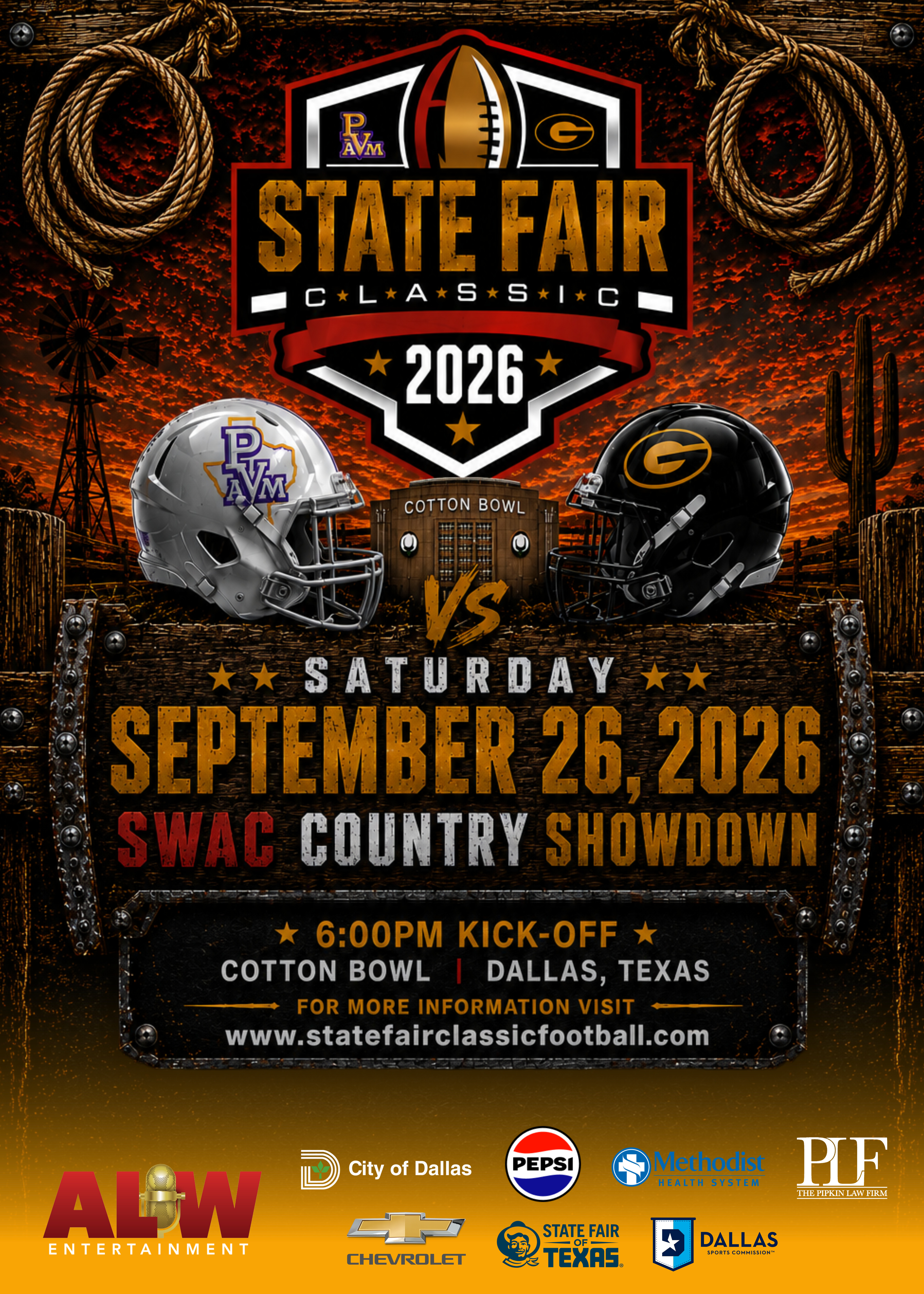 State Fair Classic 2026 football matchup between Prairie View A&M and Grambling State, with Cotton Bowl stadium in Dallas, Texas as the venue.