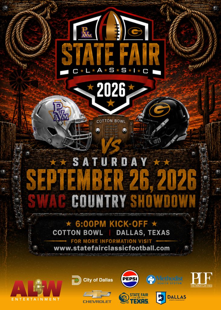 State Fair Classic 2026 football matchup between Prairie View A&M and Grambling State, with Cotton Bowl stadium in Dallas, Texas as the venue.