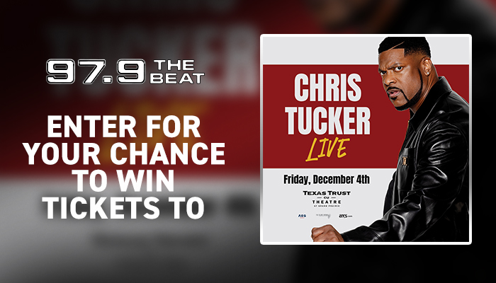 Promotional image for a live performance by Chris Tucker at the Texas Trust Theatre, with the radio station 97.9 The Beat logo and a call to enter for a chance to win tickets.